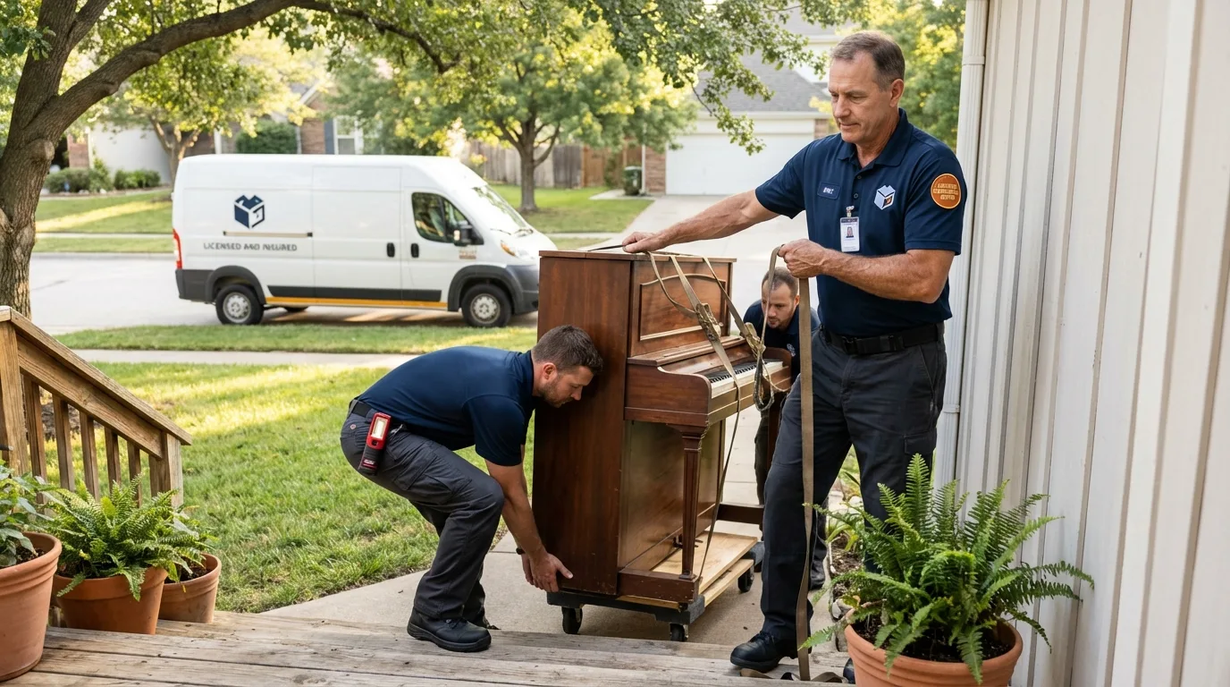 Licensed piano movers securing grand piano in Ambridge, PA