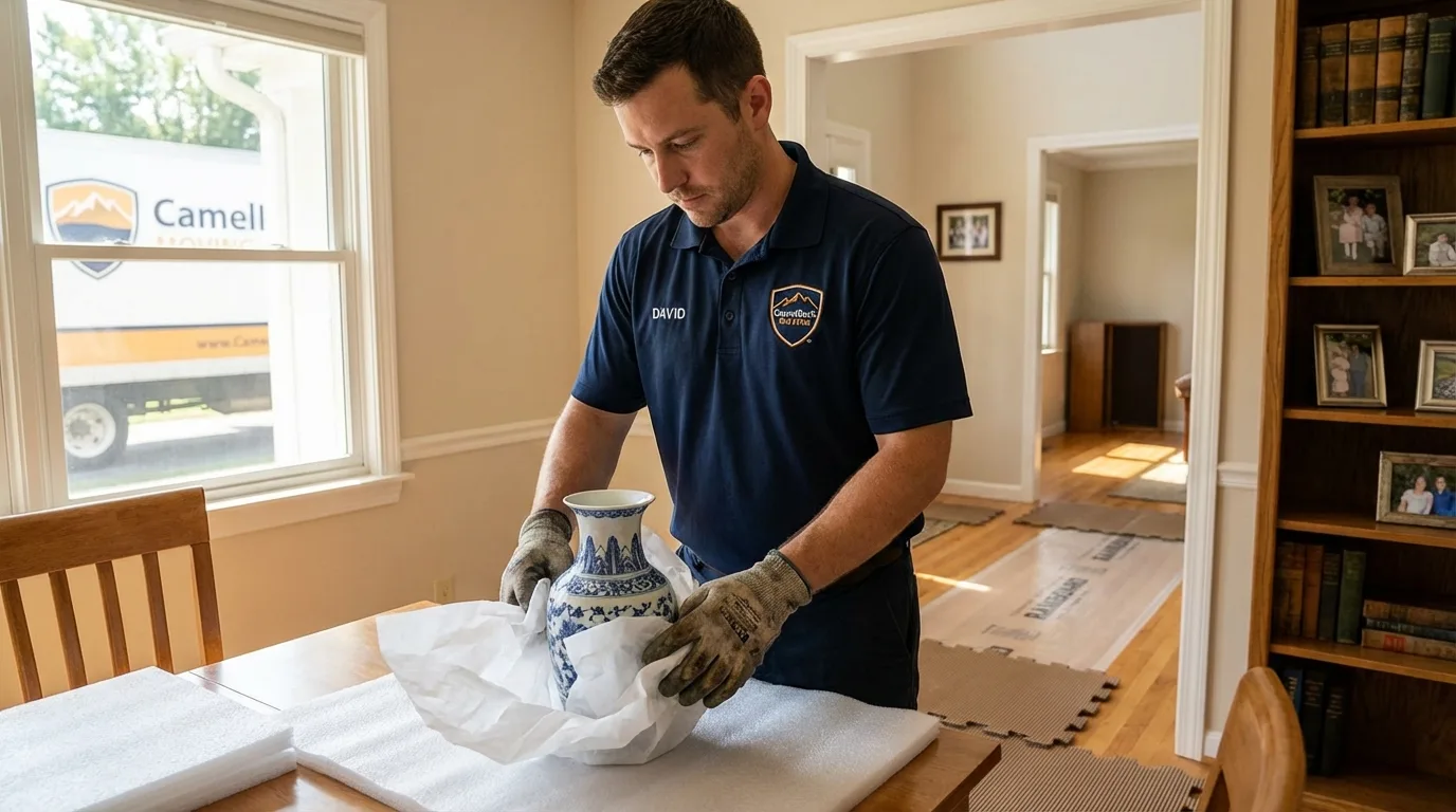 Professional crew carefully wrapping antique vase for senior downsizing move in Ambridge, PA